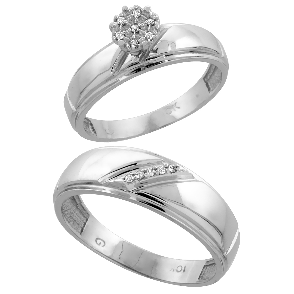 10k White Gold Diamond Engagement Rings Set for Men and Women 2-Piece 0.07 cttw Brilliant Cut, 5.5mm & 7mm wide