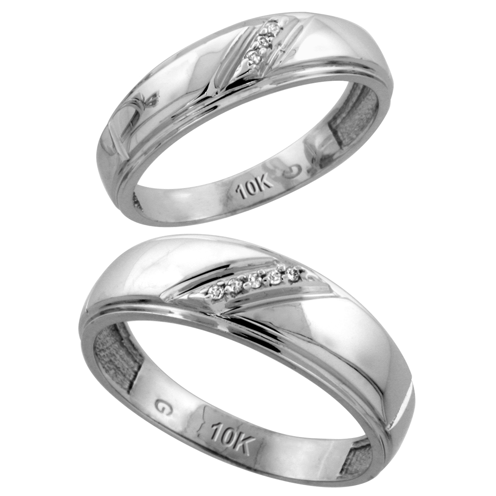 10k White Gold Diamond 2 Piece Wedding Ring Set His 7mm & Hers 5.5mm, Men's Size 8 to 14