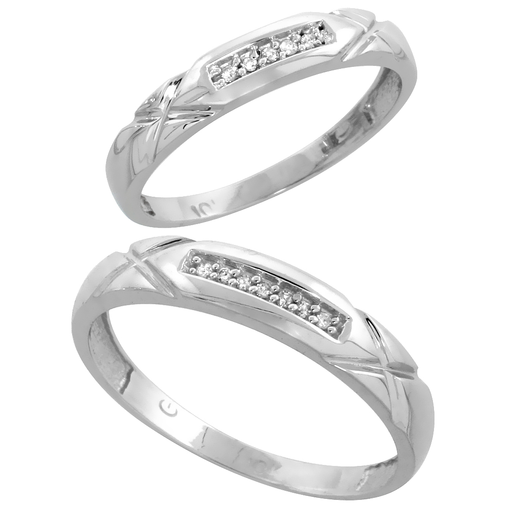 10k White Gold Diamond Wedding Rings Set for him 4 mm and her 3.5 mm 2-Piece 0.07 cttw Brilliant Cut, ladies sizes 5 � 10, mens 