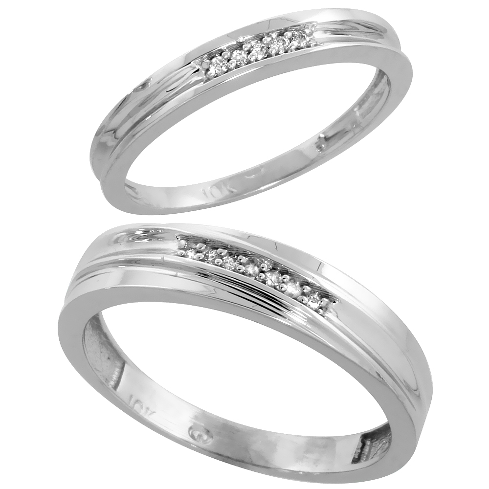 10k White Gold Diamond Wedding Rings Set for him 5 mm and her 3 mm 2-Piece 0.06 cttw Brilliant Cut, ladies sizes 5 � 10, mens si