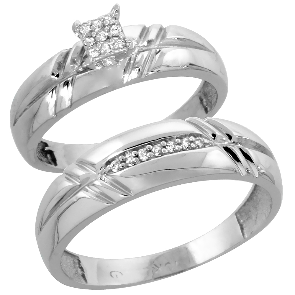 10k White Gold Diamond Engagement Rings Set for Men and Women 2-Piece 0.10 cttw Brilliant Cut, 5.5mm & 6mm wide