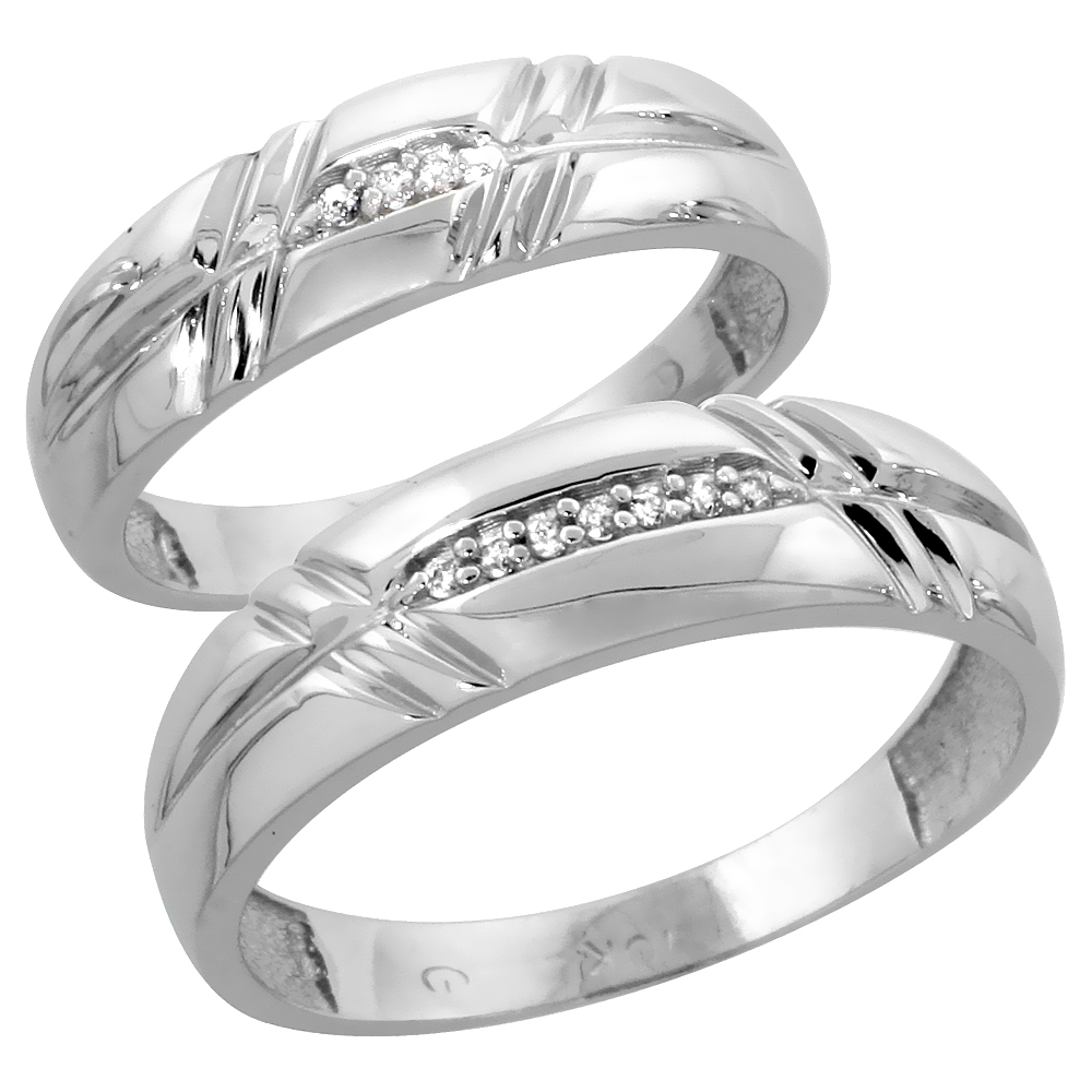 Sterling Silver 2-Piece His (6mm) & Hers (5.5mm) Diamond Wedding Band Set, w/ 0.06 Carat Brilliant Cut Diamonds; (Ladies Size 5 to10; Men's Size 8 to 14)
