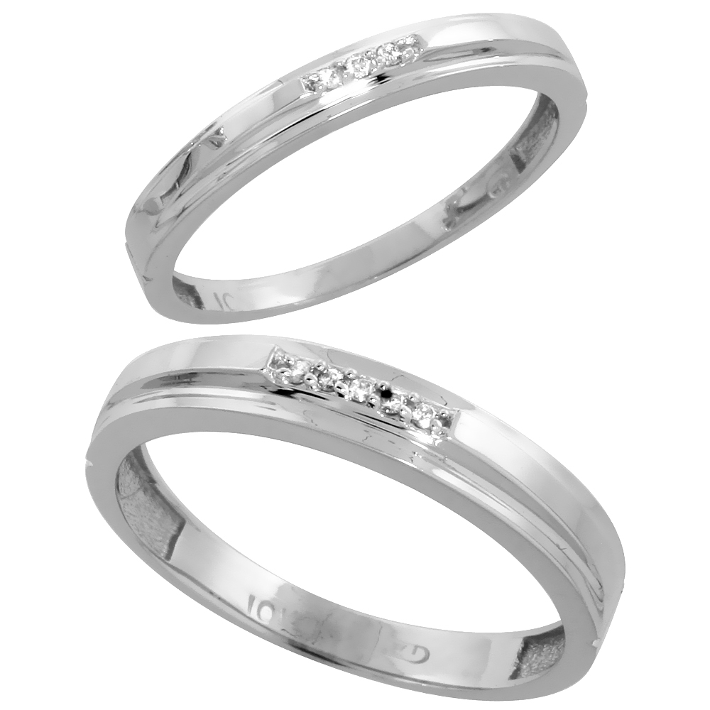 10k White Gold Diamond Wedding Rings Set for him 4 mm and her 3 mm 2-Piece 0.05 cttw Brilliant Cut, ladies sizes 5 � 10, mens si