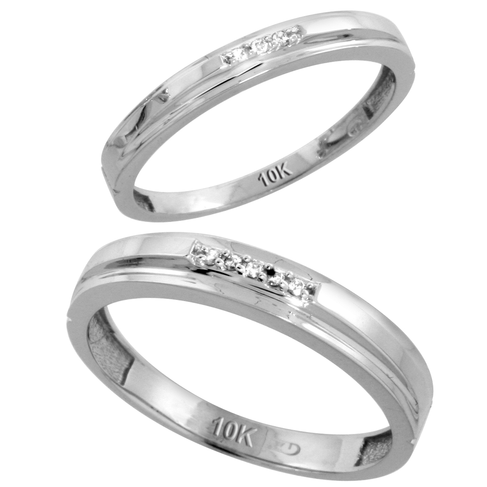 10k White Gold Diamond 2 Piece Wedding Ring Set His 4mm & Hers 3mm, Men's Size 8 to 14