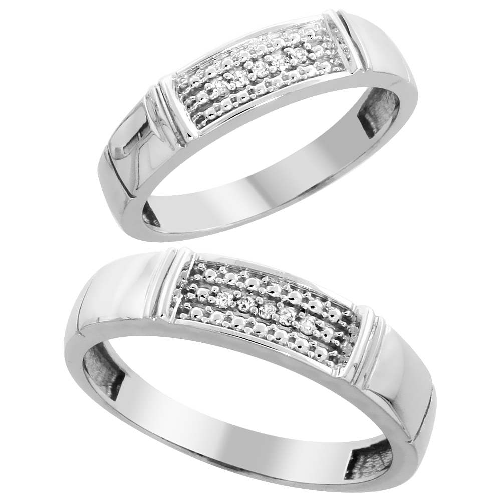 Sterling Silver 2-Piece His (5mm) & Hers (4.5mm) Diamond Wedding Band Set, w/ 0.06 Carat Brilliant Cut Diamonds; (Ladies Size 5 to10; Men's Size 8 to 14)