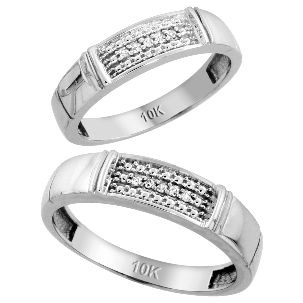 10k White Gold Diamond 2 Piece Wedding Ring Set His 5mm & Hers 4.5mm, Men's Size 8 to 14