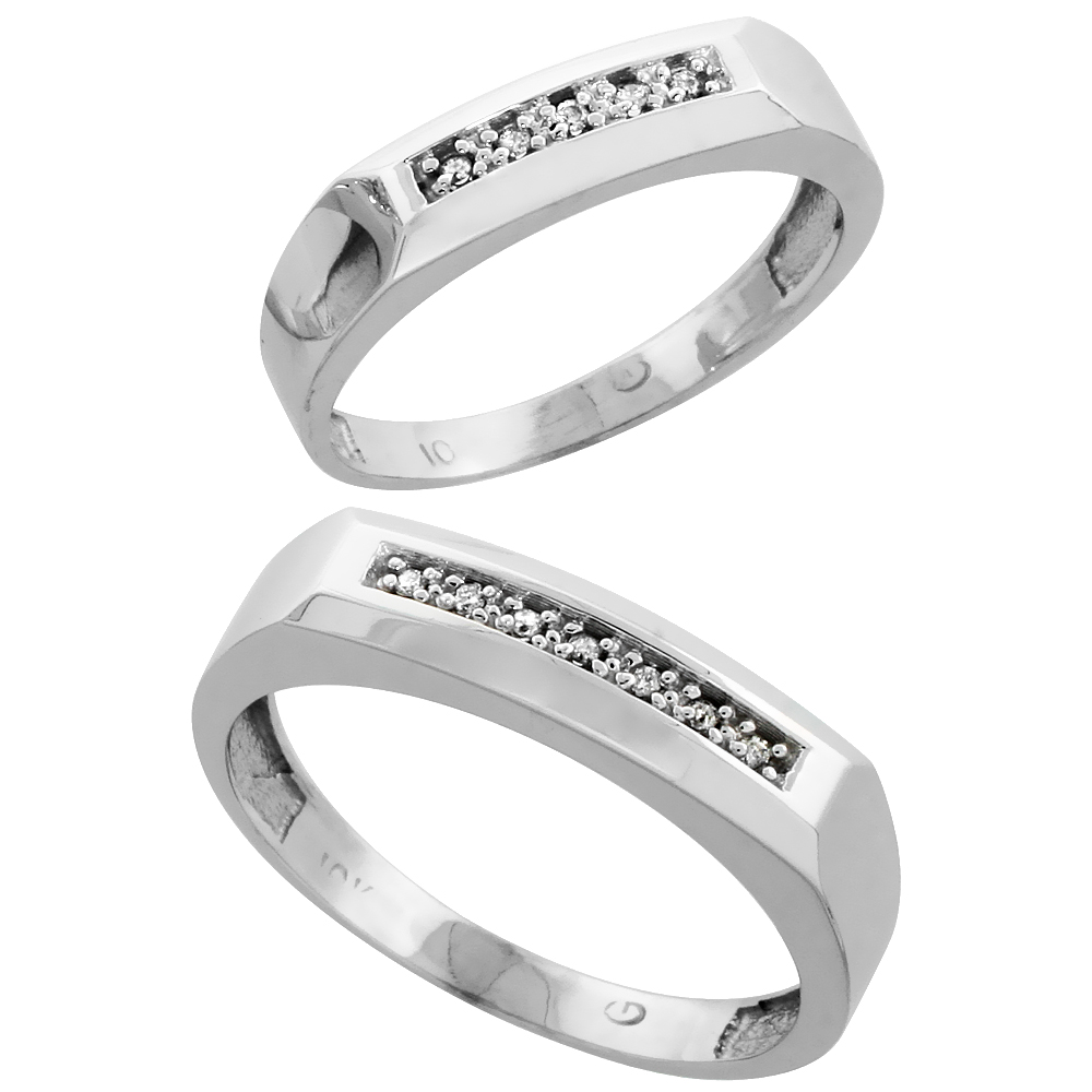 Sterling Silver 2-Piece His (5mm) & Hers (4.5mm) Diamond Wedding Band Set, w/ 0.07 Carat Brilliant Cut Diamonds; (Ladies Size 5 to10; Men's Size 8 to 14)