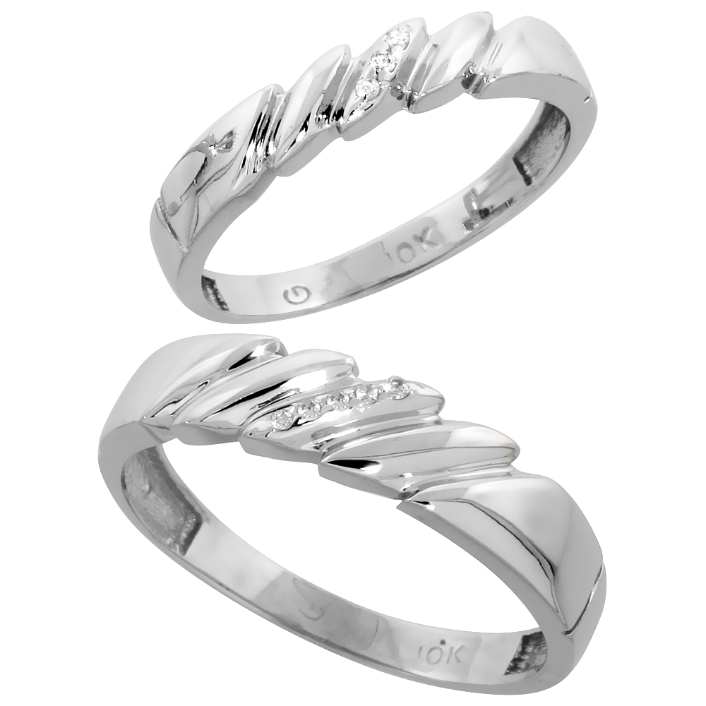 10k White Gold Diamond Wedding Rings Set for him 5 mm and her 4 mm 2-Piece 0.05 cttw Brilliant Cut, ladies sizes 5 � 10, mens si
