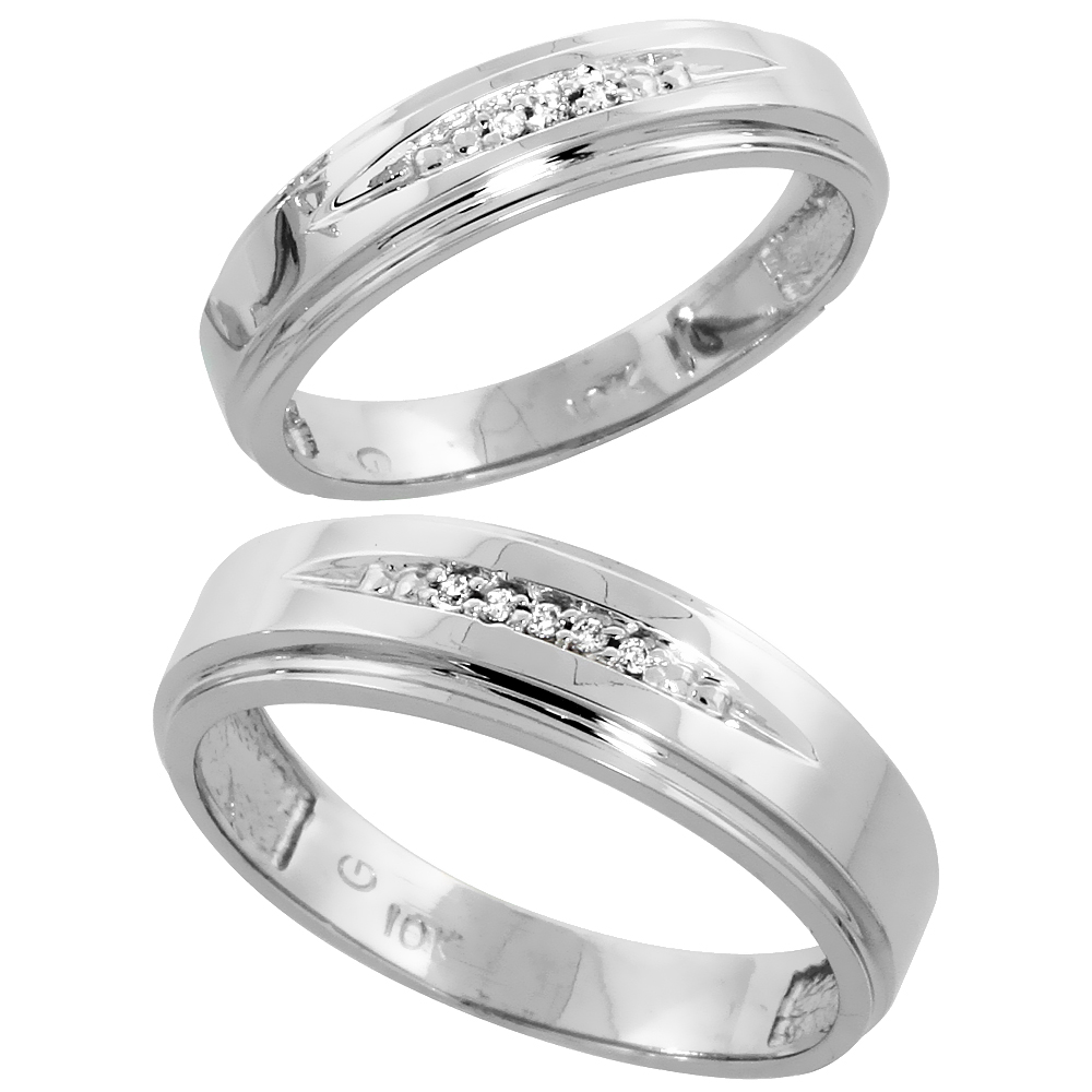 10k White Gold Diamond Wedding Rings Set for him 6 mm and her 5 mm 2-Piece 0.05 cttw Brilliant Cut, ladies sizes 5 � 10, mens si