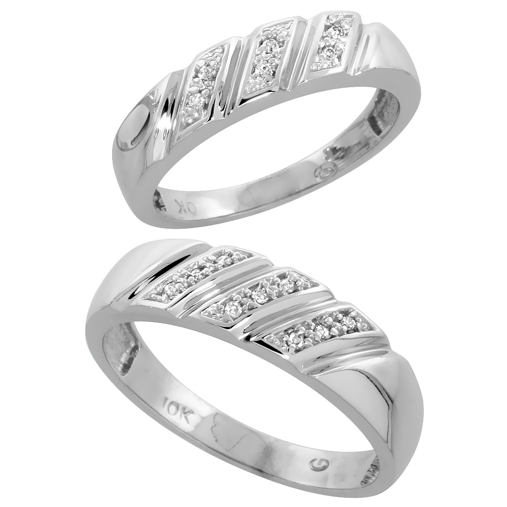 10k White Gold Diamond Wedding Rings Set for him 6 mm and her 5 mm 2-Piece 0.08 cttw Brilliant Cut, ladies sizes 5 � 10, mens si