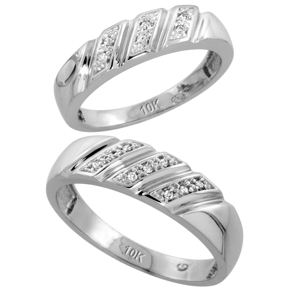 Sterling Silver 2-Piece His (6mm) & Hers (5mm) Diamond Wedding Band Set, w/ 0.08 Carat Brilliant Cut Diamonds; (Ladies Size 5 to10; Men's Size 8 to 14)