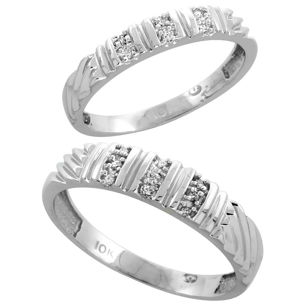 10k White Gold Diamond Wedding Rings Set for him 5 mm and her 3.5 mm 2-Piece 0.08 cttw Brilliant Cut, ladies sizes 5 � 10, mens 