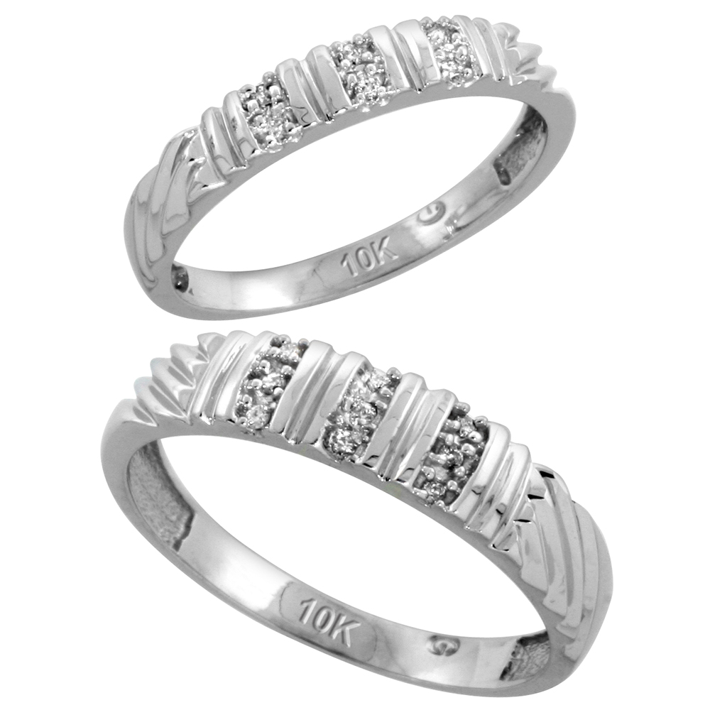10k White Gold Diamond 2 Piece Wedding Ring Set His 5mm & Hers 3.5mm, Men's Size 8 to 14