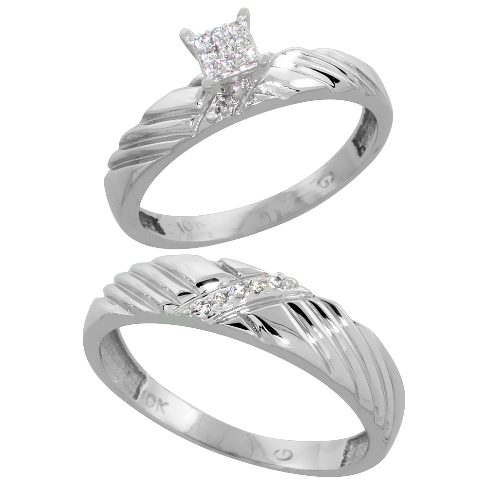 10k White Gold Diamond Engagement Rings Set for Men and Women 2-Piece 0.09 cttw Brilliant Cut, 3.5mm & 5mm wide