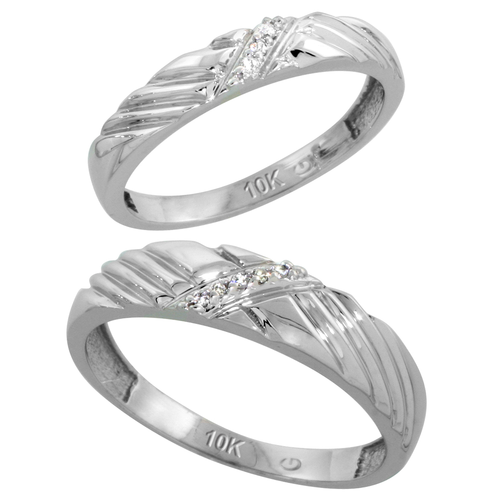 Sterling Silver 2-Piece His (5mm) & Hers (3.5mm) Diamond Wedding Band Set, w/ 0.05 Carat Brilliant Cut Diamonds; (Ladies Size 5 to10; Men's Size 8 to 14)