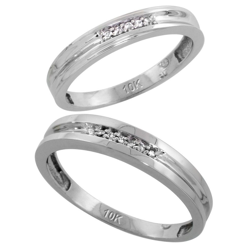 10k White Gold Diamond 2 Piece Wedding Ring Set His 4mm & Hers 3.5mm, Men's Size 8 to 14