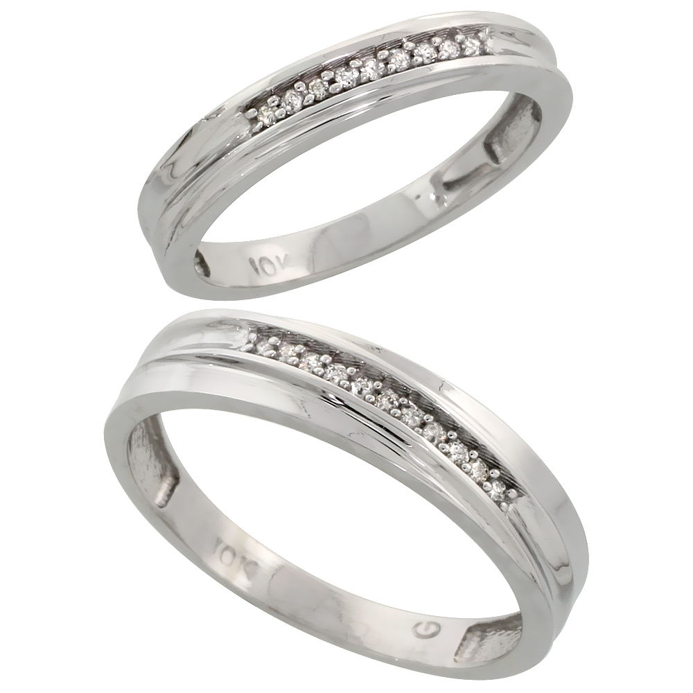 10k White Gold Diamond Wedding Rings Set for him 5 mm and her 3.5 mm 2-Piece 0.07 cttw Brilliant Cut, ladies sizes 5 � 10, mens 