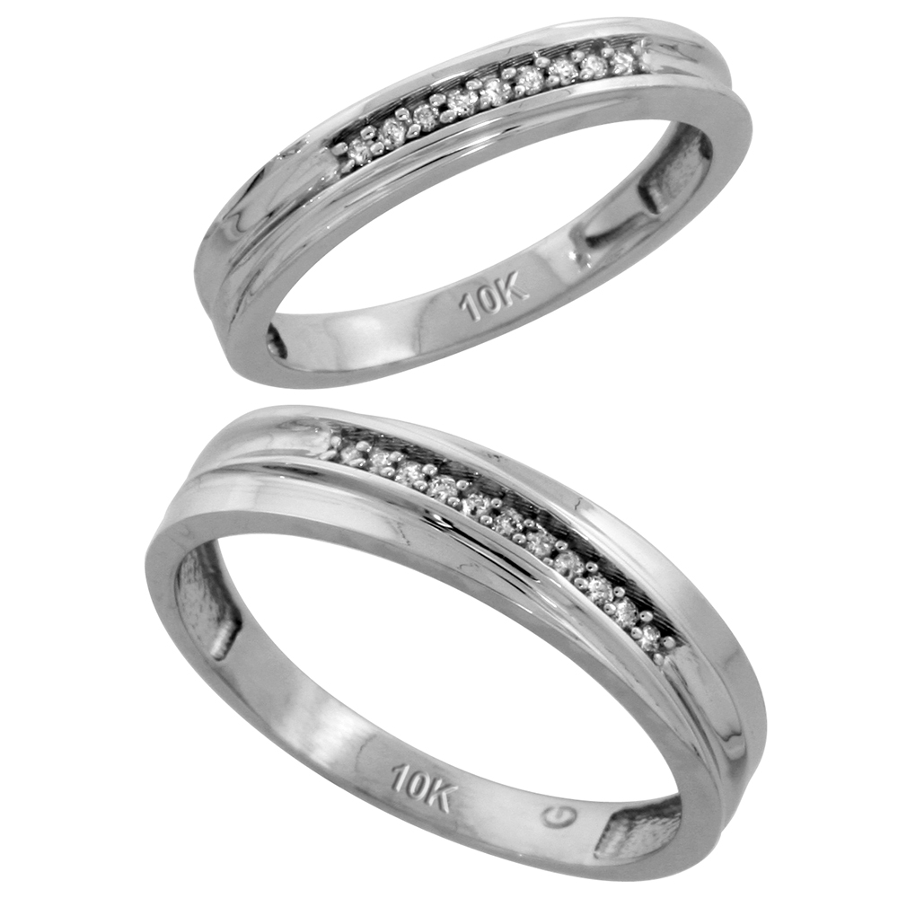 10k White Gold Diamond 2 Piece Wedding Ring Set His 5mm & Hers 3.5mm, Men's Size 8 to 14