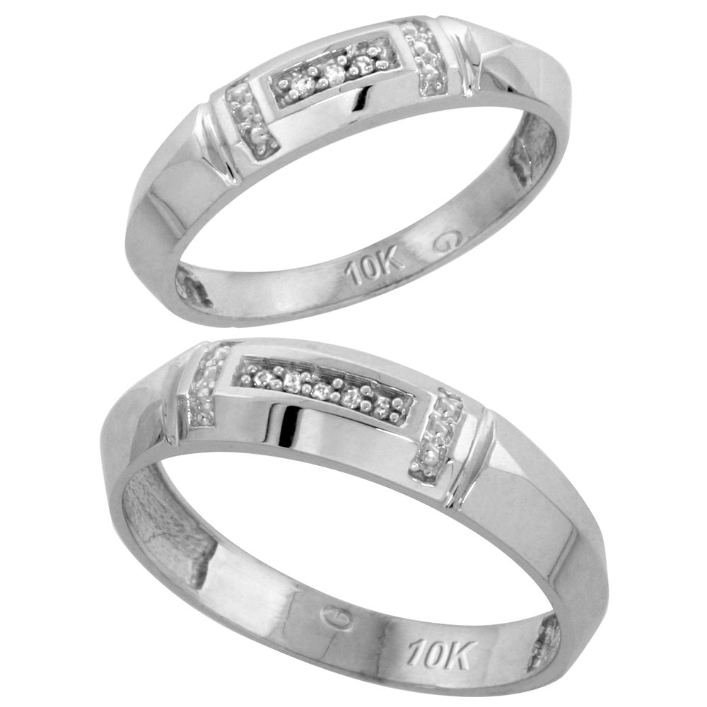 10k White Gold Diamond 2 Piece Wedding Ring Set His 5.5mm & Hers 4mm, Men's Size 8 to 14