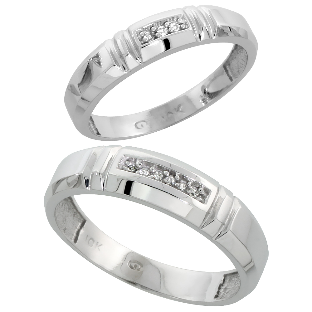 10k White Gold Diamond Wedding Rings Set for him 5.5 mm and her 4 mm 2-Piece 0.05 cttw Brilliant Cut, ladies sizes 5 � 10, mens 