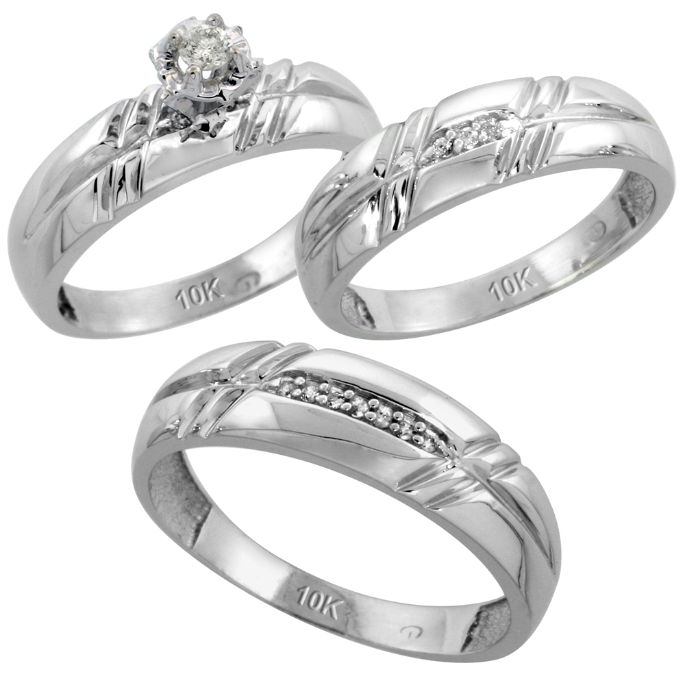 Sterling Silver 3-Piece Trio His (6mm) & Hers (5.5mm) Diamond Wedding Band Set, w/ 0.12 Carat Brilliant Cut Diamonds; (Ladies Size 5 to10; Men's Size 8 to 14)
