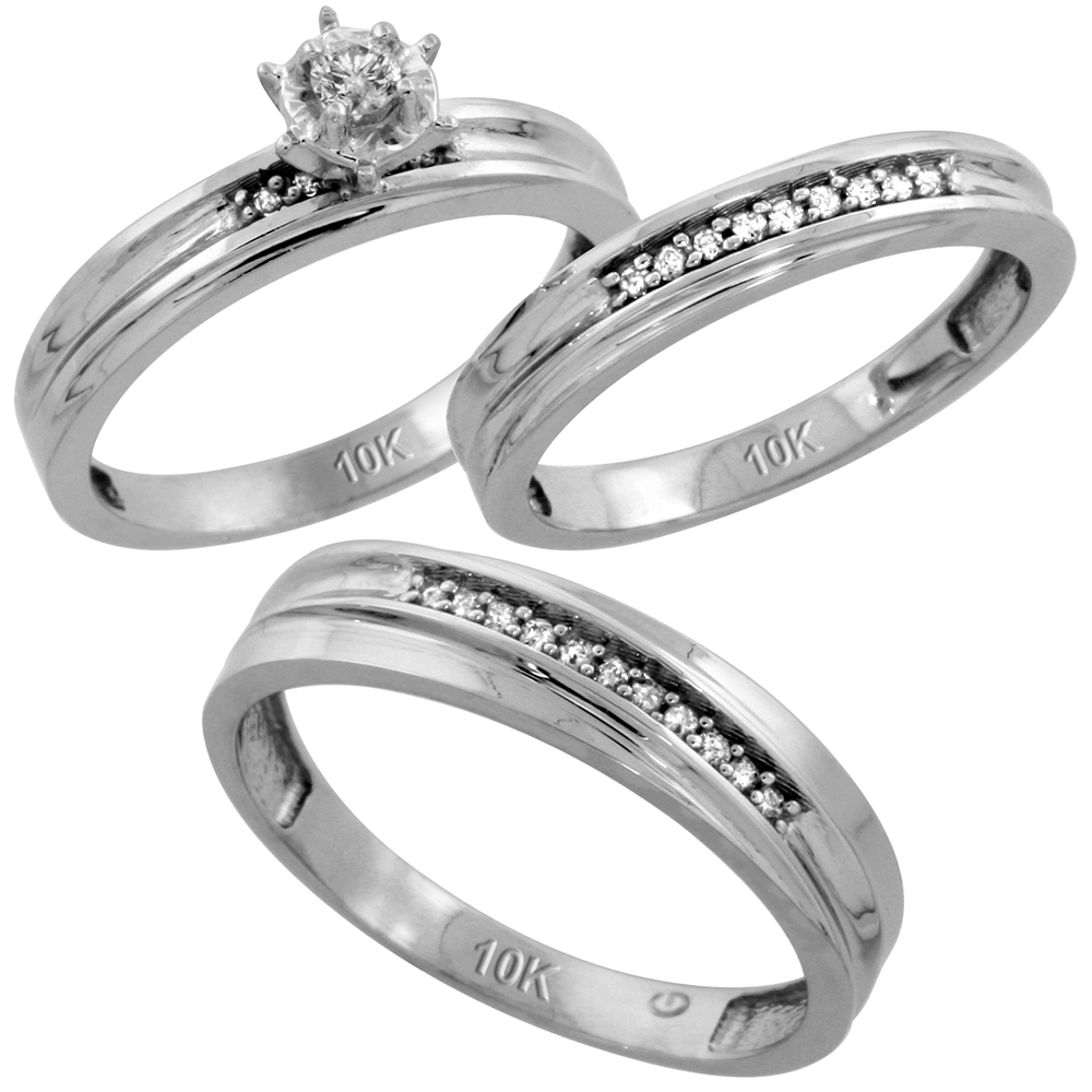 Sterling Silver 3-Piece Trio His (5mm) & Hers (3.5mm) Diamond Wedding Band Set, w/ 0.13 Carat Brilliant Cut Diamonds; (Ladies Size 5 to10; Men's Size 8 to 14)
