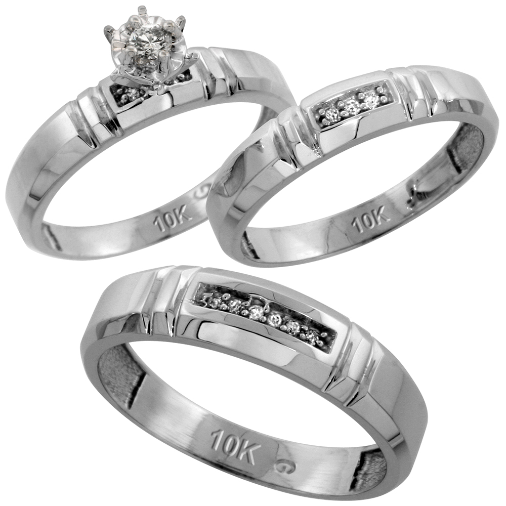 Sterling Silver 3-Piece Trio His (5.5mm) & Hers (4mm) Diamond Wedding Band Set, w/ 0.10 Carat Brilliant Cut Diamonds; (Ladies Size 5 to10; Men's Size 8 to 14)
