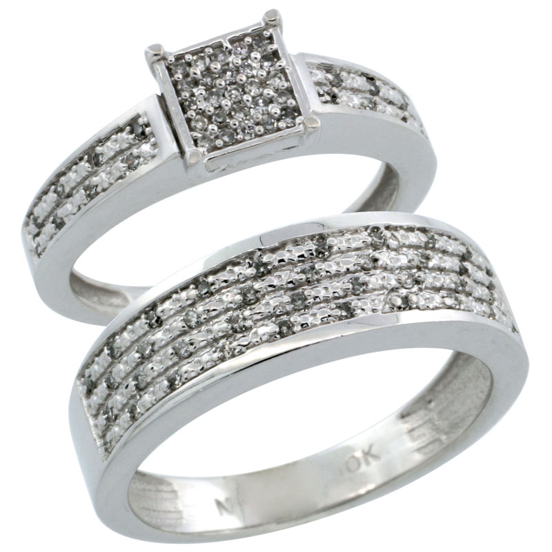 14k White Gold 2-Piece Diamond Ring Band Set w/ Rhodium Accent ( Engagement Ring & Man's Wedding Band ), w/ 0.27 Carat Brilliant Cut Diamonds, ( 3.5mm; 6.5mm ) wide
