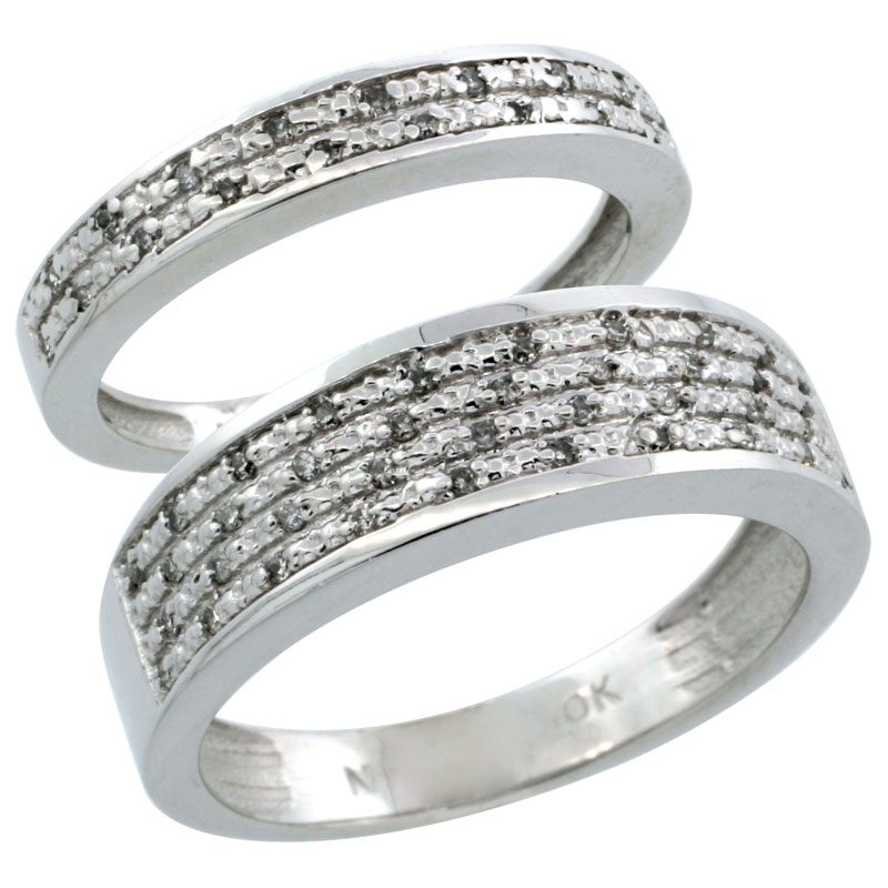 14k White Gold 2-Piece His (6.5mm) & Hers (3.5mm) Diamond Wedding Ring Band Set w/ 0.18 Carat Brilliant Cut Diamonds; (Ladies Size 5 to10; Men's Size 8 to 14)