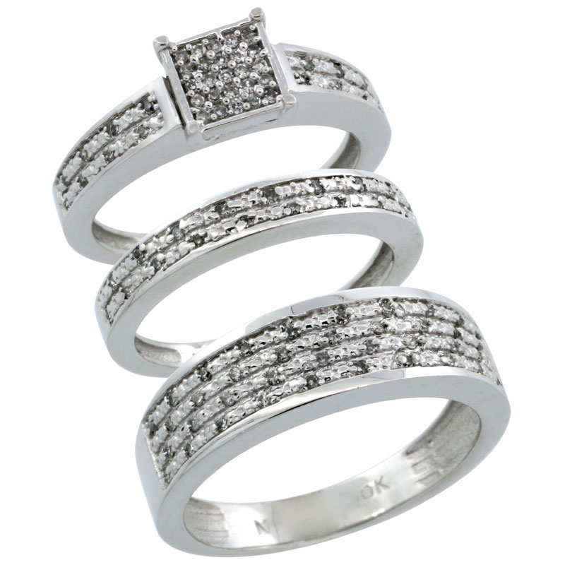 14k White Gold 3-Piece Trio His (6.5mm) & Hers (3.5mm) Diamond Wedding Ring Band Set w/ 0.328 Carat Brilliant Cut Diamonds; (Ladies Size 5 to10; Men's Size 8 to 14)