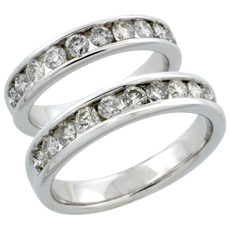 10k White Gold 2-Piece His (5mm) & Hers (4.5mm) Diamond Wedding Ring Band Set w/ 1.48 Carat Brilliant Cut Diamonds; (Ladies Size 5 to10; Men's Size 8 to 12.5)