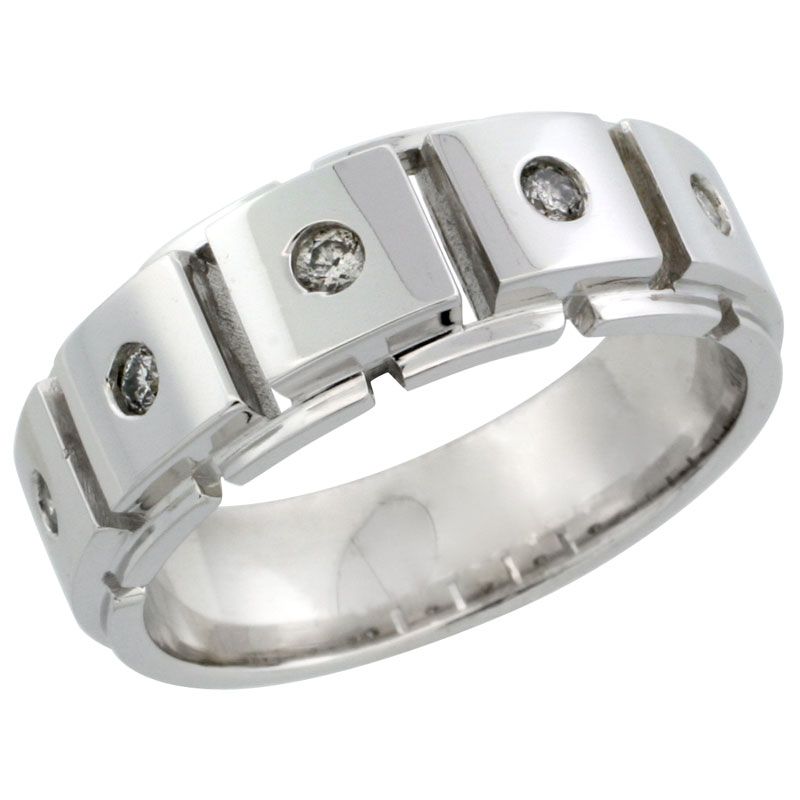 10k White Gold 5-Stone Men's Diamond Ring Band w/ 0.24 Carat Brilliant Cut Diamonds, 5/16 in. (8mm) wide