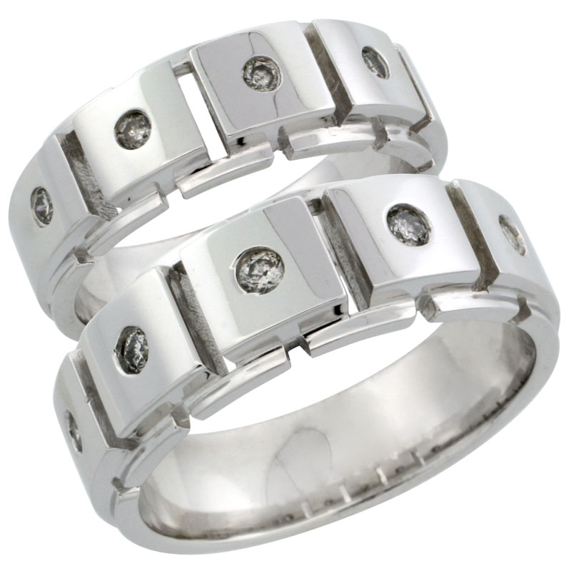 10k White Gold 2-Piece His (8mm) & Hers (7mm) Diamond Wedding Ring Band Set w/ 0.37 Carat Brilliant Cut Diamonds; (Ladies Size 5 to10; Men's Size 8 to 12.5)
