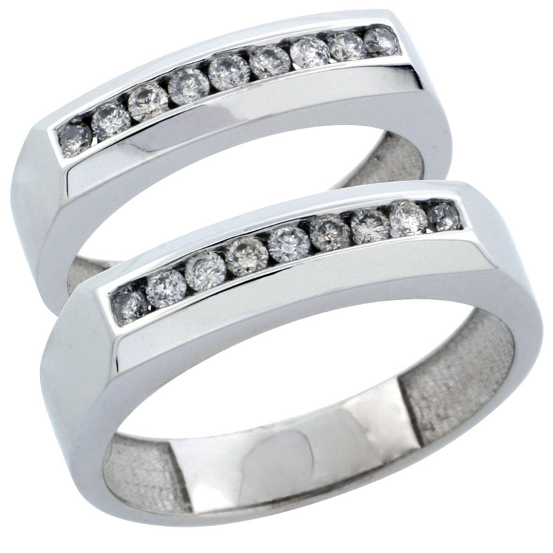 10k White Gold 2-Piece His (5mm) & Hers (5mm) Diamond Wedding Ring Band Set w/ 0.48 Carat Brilliant Cut Diamonds; (Ladies Size 5 to10; Men's Size 8 to 12.5)