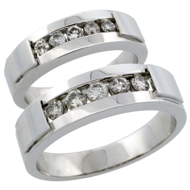 10k White Gold 2-Piece His (6mm) & Hers (5mm) Diamond Wedding Ring Band Set w/ 0.61 Carat Brilliant Cut Diamonds; (Ladies Size 5 to10; Men's Size 8 to 12.5)