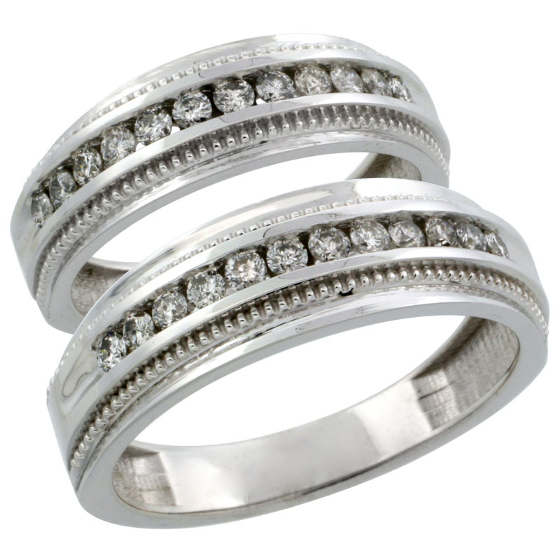 10k White Gold 2-Piece His (7mm) & Hers (6mm) Milgrain Design Diamond Wedding Ring Band Set w/ 0.62 Carat Brilliant Cut Diamonds; (Ladies Size 5 to10; Men's Size 8 to 12.5)