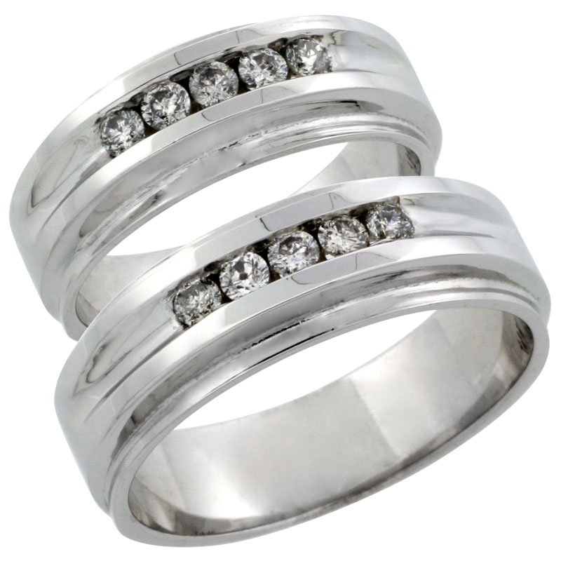 10k White Gold 2-Piece His (7mm) & Hers (7mm) Diamond Wedding Ring Band Set w/ 0.46 Carat Brilliant Cut Diamonds; (Ladies Size 5 to10; Men's Size 8 to 12.5)