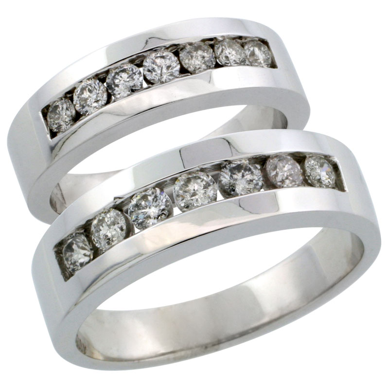 10k White Gold 2-Piece His (6.5mm) & Hers (5.5mm) Diamond Wedding Ring Band Set w/ 0.96 Carat Brilliant Cut Diamonds; (Ladies Size 5 to10; Men's Size 8 to 12.5)