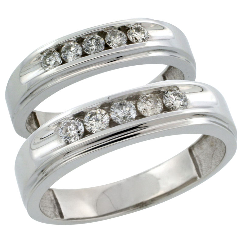 10k White Gold 2-Piece His (6mm) & Hers (5mm) Diamond Wedding Ring Band Set w/ 0.67 Carat Brilliant Cut Diamonds; (Ladies Size 5 to10; Men's Size 8 to 12.5)