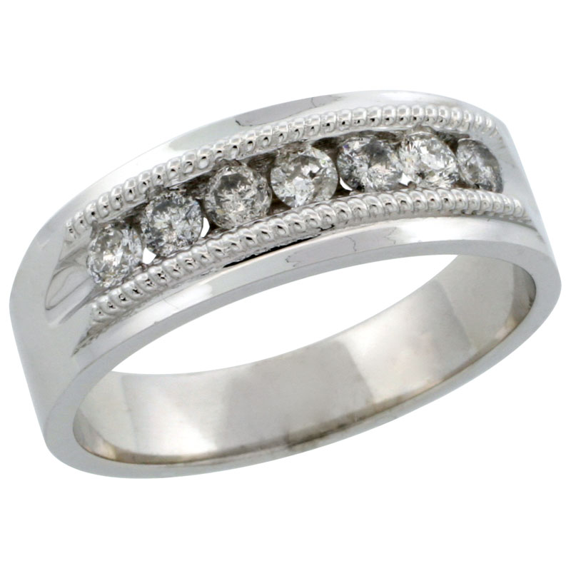 10k White Gold 7-Stone Milgrain Design Men's Diamond Ring Band w/ 0.64 Carat Brilliant Cut Diamonds, 9/32 in. (7mm) wide