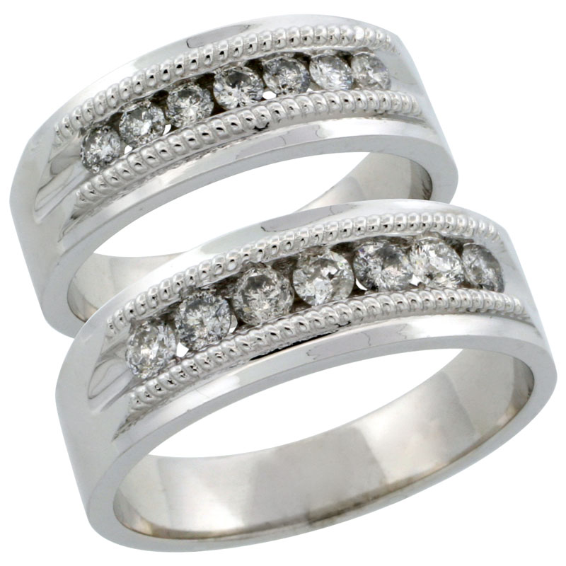 10k White Gold 2-Piece His (7mm) & Hers (6.5mm) Milgrain Design Diamond Wedding Ring Band Set w/ 0.86 Carat Brilliant Cut Diamonds; (Ladies Size 5 to10; Men's Size 8 to 12.5)