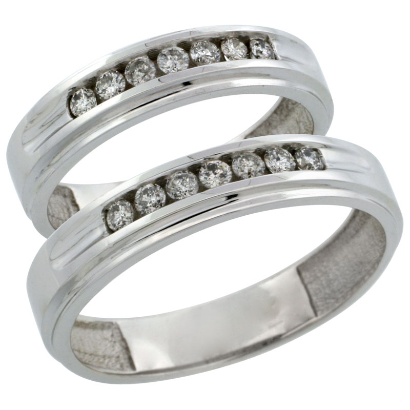 10k White Gold 2-Piece His (5mm) & Hers (5mm) Diamond Wedding Ring Band Set w/ 0.42 Carat Brilliant Cut Diamonds; (Ladies Size 5 to10; Men's Size 8 to 12.5)