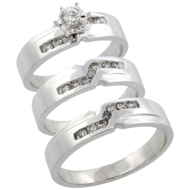 10k White Gold 3-Piece Trio His (5mm) & Hers (5mm) Diamond Wedding Ring Band Set w/ 0.44 Carat Brilliant Cut Diamonds; (Ladies Size 5 to10; Men's Size 8 to 14)