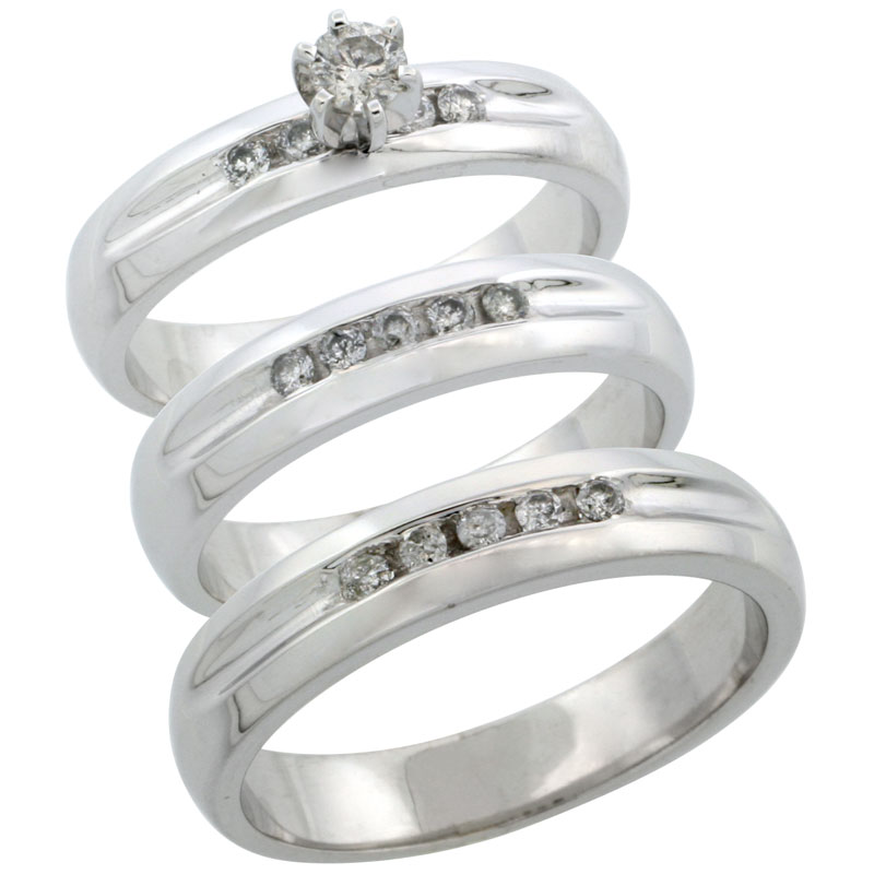 10k White Gold 3-Piece Trio His (4.5mm) & Hers (4.5mm) Diamond Wedding Ring Band Set w/ 0.45 Carat Brilliant Cut Diamonds; (Ladies Size 5 to10; Men's Size 8 to 14)