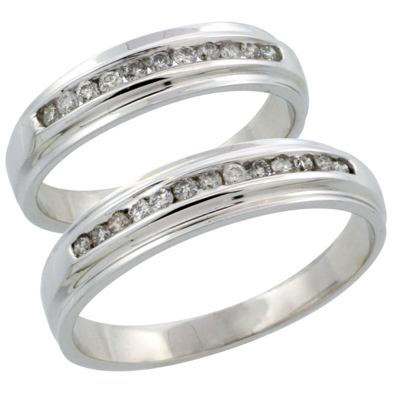 10k White Gold 2-Piece His (5mm) & Hers (5mm) Diamond Wedding Ring Band Set w/ 0.37 Carat Brilliant Cut Diamonds; (Ladies Size 5 to10; Men's Size 8 to 14)