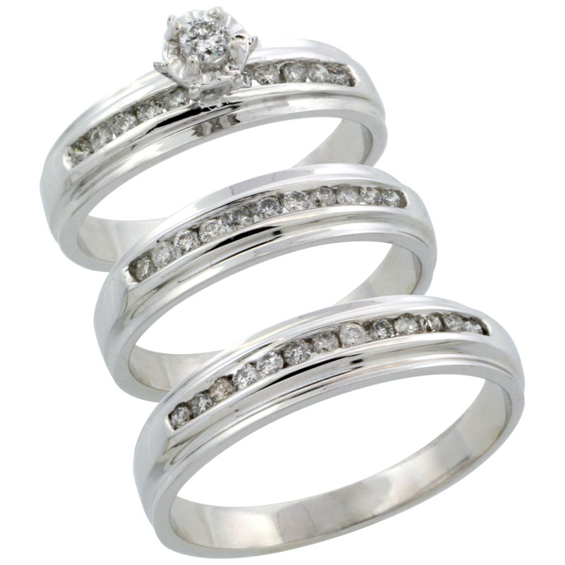 10k White Gold 3-Piece Trio His (5mm) & Hers (5mm) Diamond Wedding Ring Band Set w/ 0.57 Carat Brilliant Cut Diamonds; (Ladies Size 5 to10; Men's Size 8 to 14)