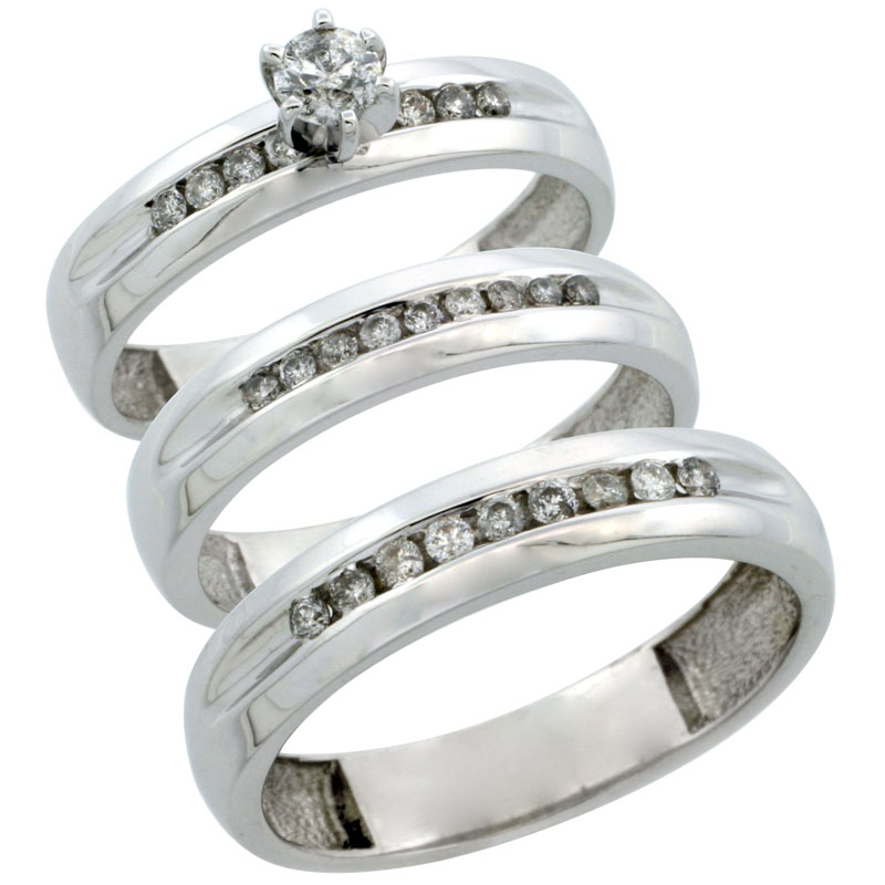 10k White Gold 3-Piece Trio His (5mm) & Hers (4mm) Diamond Wedding Ring Band Set w/ 0.53 Carat Brilliant Cut Diamonds; (Ladies Size 5 to10; Men's Size 8 to 14)