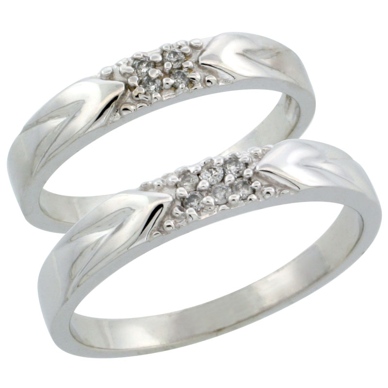 10k White Gold 2-Piece His (3.5mm) & Hers (3.5mm) Diamond Wedding Ring Band Set w/ 0.10 Carat Brilliant Cut Diamonds; (Ladies Size 5 to10; Men's Size 8 to 14)