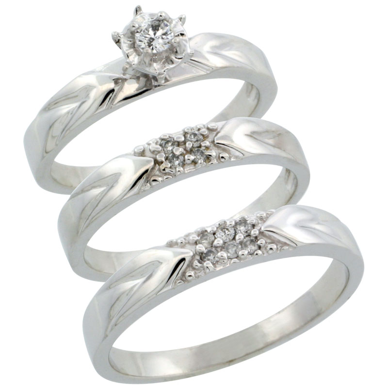 10k White Gold 3-Piece Trio His (3.5mm) & Hers (3.5mm) Diamond Wedding Ring Band Set w/ 0.17 Carat Brilliant Cut Diamonds; (Ladies Size 5 to10; Men's Size 8 to 14)