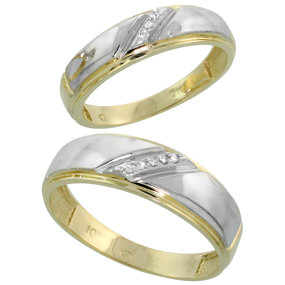 10k Yellow Gold Diamond Wedding Rings Set for him 7 mm and her 5.5 mm 2-Piece 0.05 cttw Brilliant Cut, ladies sizes 5 � 10, mens